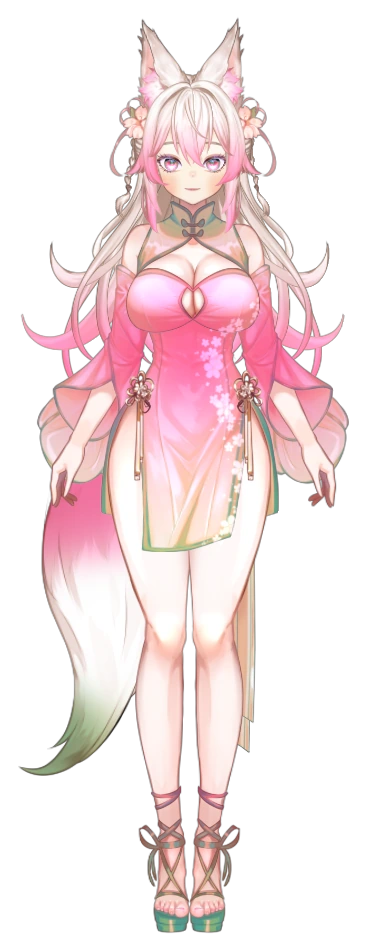 Chibi Nanako im rosa Kirschblüten-Outfit mit Fuchsohren und Fuchsschwanz